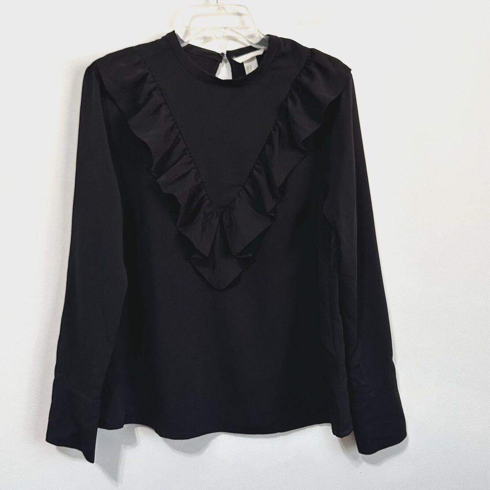 H&M Top Popover 14 Black Ruffle V Neck Bib Long Sleeve Work Party‎ Shirt NEW